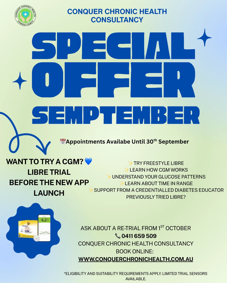 Michelle's September special flyer for a FreeStyle Libre CGM trial, with appointments available until 30 September